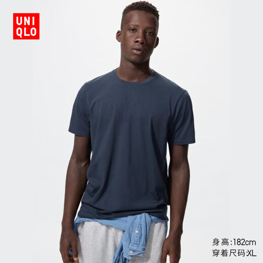 
Uniqlo men's clothing/men and women's same round neck T-shirt short-sleeved pure cotton high-quality long velvet cotton smooth texture 475357 475357/69 Navy blue L /175/100A