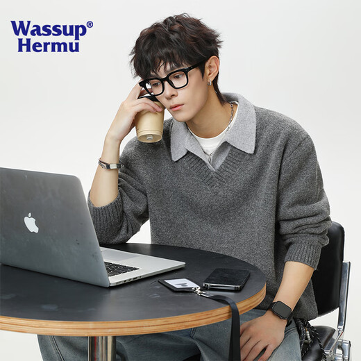 WASSUP HERMU official pullover men's autumn and winter old money style fake two-piece polo collar sweater warm jacket Swire Gray XL (recommended 135-155Jin Jin equals 0.5kg)