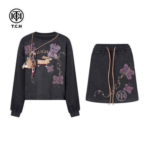 TCH light luxury trendy brand early autumn fashion hot diamond slimming lazy style simple temperament suit for women T75C07E1055 dark gray M