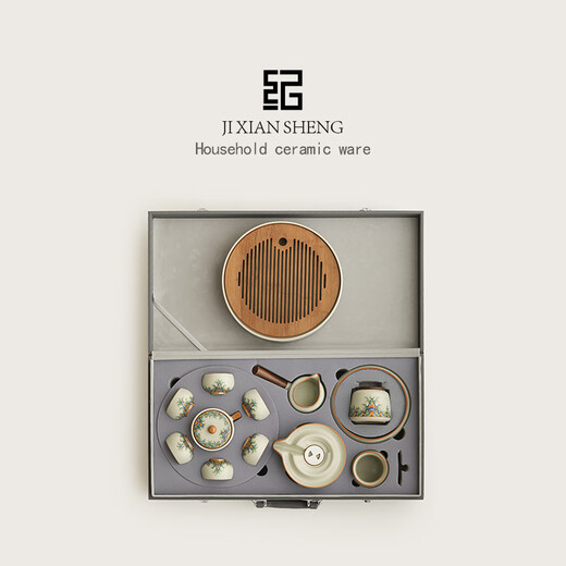 Mr. Ji's Chinese-style Ru Kiln lazy Kung Fu tea set ceramic automatic teapot teacup tea tray complete set high-end gift to the elders 2. (Haihaijiangya) Ru Kiln丨Automatic set 9 pieces + Ru Kiln disc packed in leather case