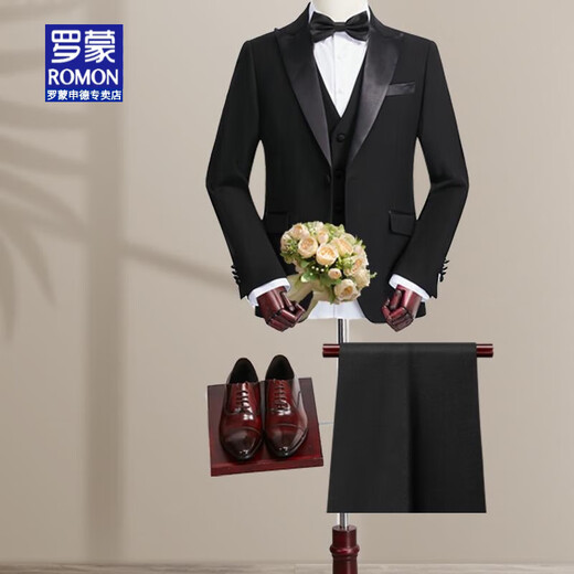 ROMON brand wedding suit groom wedding suit men's tuxedo handsome slim high-end banquet performance dress black lapel collar suit + trousers L
