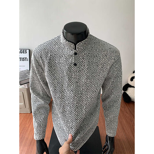 Cantu American shoulder henley collar sweatshirt for men in spring and autumn textured jacquard inner layering shirt loose trendy top black XL