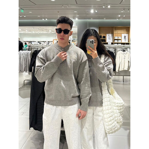 Xiaohongshu's hot style American retro Henry collar couple sweater men's winter lazy style sweater cleanf old light gray upgraded version 90 buyers choose M M