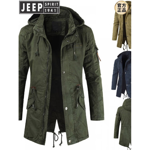 JEEP SPIRIT Jeep Fashion Workwear Windbreaker Fashion Men's Mid-Length Hooded Jacket Back Slit Chest Label Stand Collar Men's Outer Dark Blue XL (Approximately suitable for 171-175 height 140Jin Jin equal to 0.5kg inner wear)