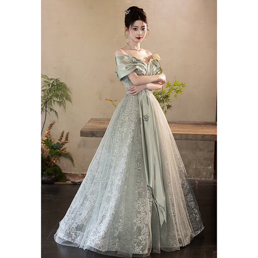 Fuling Art Examination Dress Music Student Piano Performance Evening Dress Evening Dress Women Light Luxury Niche High-End Beautiful Coming-of-Age Ceremony Green Champagne Gold Long Version
