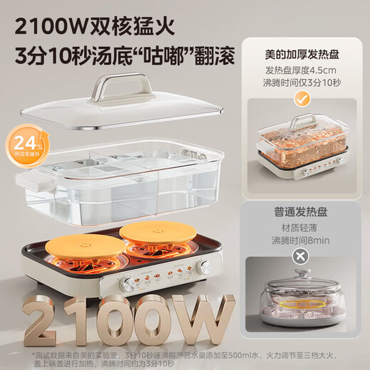 Midea Electric Hot Pot Yuanyang Pot 25 years new titanium ceramic coating split hot pot special pot does not contain Teflon dual-zone independent temperature control equipped with grill pan 6.5L DLS3322R2
