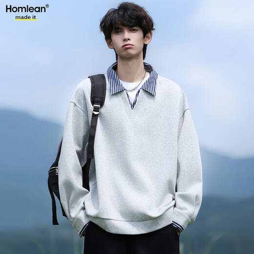 Homlean fake two-piece lapel sweatshirt autumn men's American trend versatile loose casual top HP02 hemp gray XL