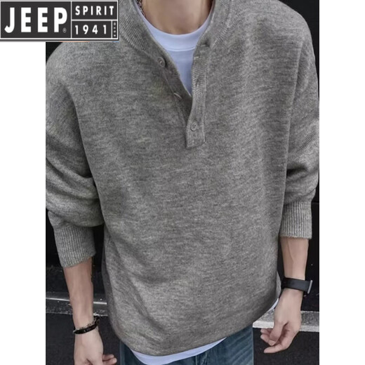 JEEP SPIRIT American retro Henley collar sweater for men, autumn and winter, lazy, high-end, casual, men's inner base sweater, dark gray 2XL