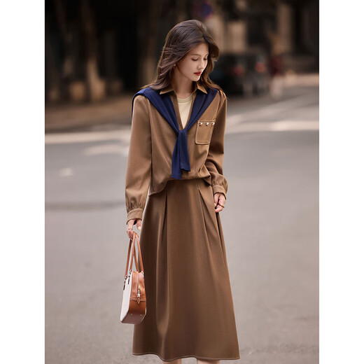 The paradise of awakening, age-reducing temperament two-piece set, autumn and winter fashion fake two-piece shirt, high-waisted A-line mid-length skirt women's suit, Khaki S