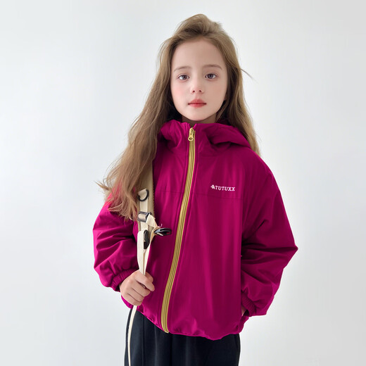Tutu Little Elephant Girls' Jacket Spring and Autumn Windproof Soft Shell Girls' Velvet Hooded Jacket Rose Red 150 Height About 150cm