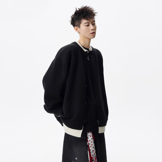 American Retro Fake Two-Piece Cardigan Sweater Men's Relaxed Lazy Style Couple Henry Collar Sweater Gray L (110-130Jin Jin equals 0.5kg)