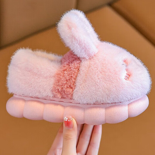 Jin Bingsheng children's cotton slippers for winter, middle and large children's bags with heels, non-slip thick soles, warm shoes, plus velvet and thickened rabbit cotton shoes, pink rabbit, plus velvet and thick | non-slip thick soles, 30-31 sizes, inner length 19CM