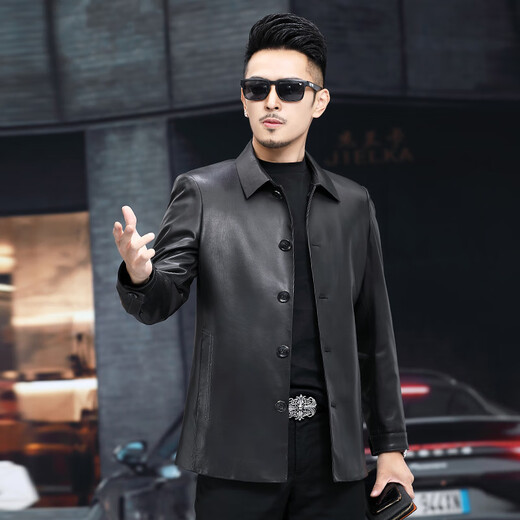 ARMANI EXCHANGE Armani Haining first-layer cowhide lapel black slim business leather jacket mid-length zipper leather jacket black L 170