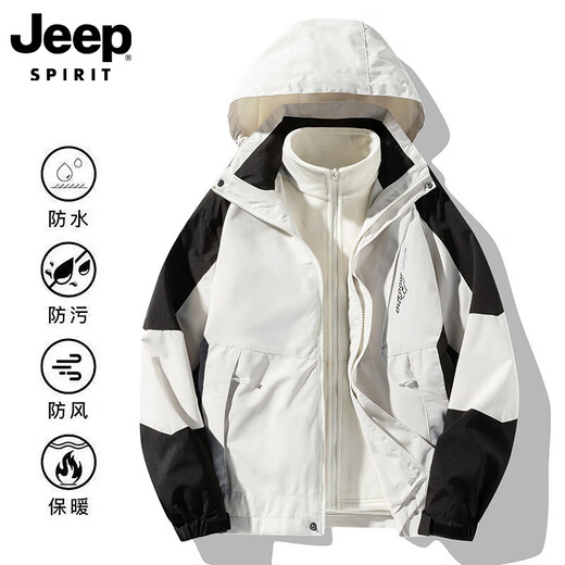JEEP SPIRIT Jeep 3-in-1 Jacket for Men and Women Same Style Jacket Autumn and Winter New Outdoor Warm Jacket Plus Velvet Thickened Clothes Men's Style - Ivory White 3-in-1 L