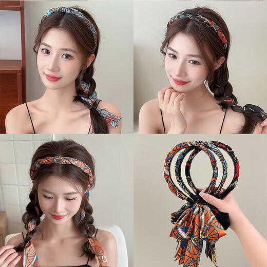 New Gongque Retro Printed Streamer Tooth Comb Hairband, One-piece High Skull Hairpin, Braided Hair Ribbon, Headband for Women 2 Retro Streamers Orange