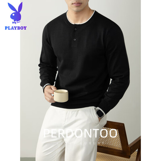 PLAYBOY Premium Sheep Wool & Modal Old Money Style Contrast Color Henley Collar Sweater Men's Spring and Autumn Skin Friendly Sweater Men Black M