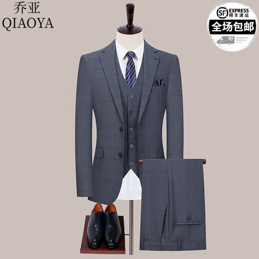 乔亚意大利轻奢品牌条纹西服套装男商务休闲正装西服外套新郎结婚礼服 6173-黑条【两扣双开叉三件套】 S 165/84A 44码