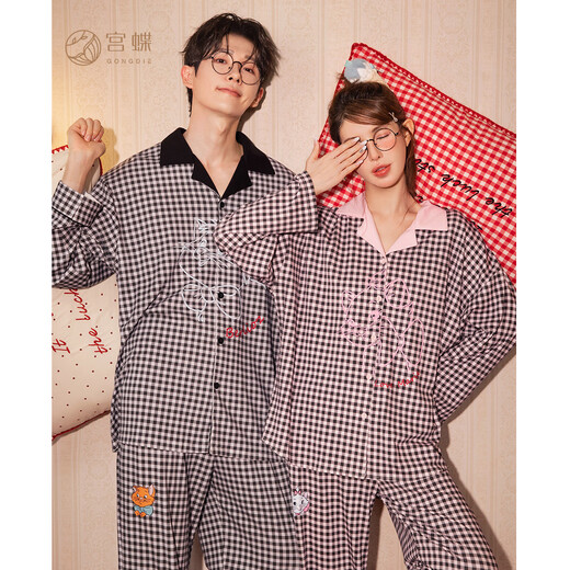 Gong Die Light and Soft Disney Marie Cat Spring and Autumn Couple Pajamas Women's Long Sleeve Plaid Home Clothes Suit Men's