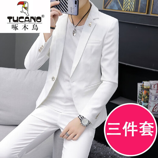 Woodpecker Korean style casual spring and autumn suit men's slim business formal wear Sina Piushuai thin casual small suit for men 1917 gray suit + pants + T-shirt XL recommended 122-131Jin Jin equals 0.5 kg