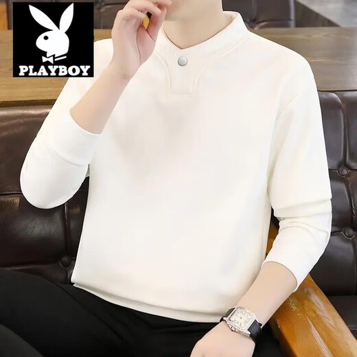 Playboy (PLAYBOY) Henry collar sweatshirt men's long-sleeved T-shirt men's spring and autumn half turtleneck inner layering shirt men's slim fit clothes 77012 white M recommended 90-105Jin Jin equals 0.5 kg