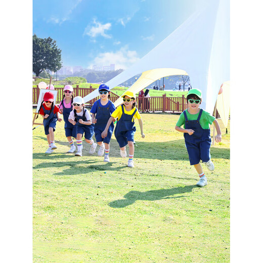 Children's Cheerleader Performance Uniforms Sports Games Opening Ceremony Performance Uniforms Kindergarten Class Uniforms Short-Sleeved Candy Color White Short-Sleeves + Denim Overalls Free Same Style Socks One Size 110cm