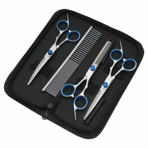 Pet shearing scissors set, grooming special trimming shears, dog hair curved scissors, dog teddy shearing and hairdressing artifact set, straight shear + curved shear + dental scissors + fresh comb + bag