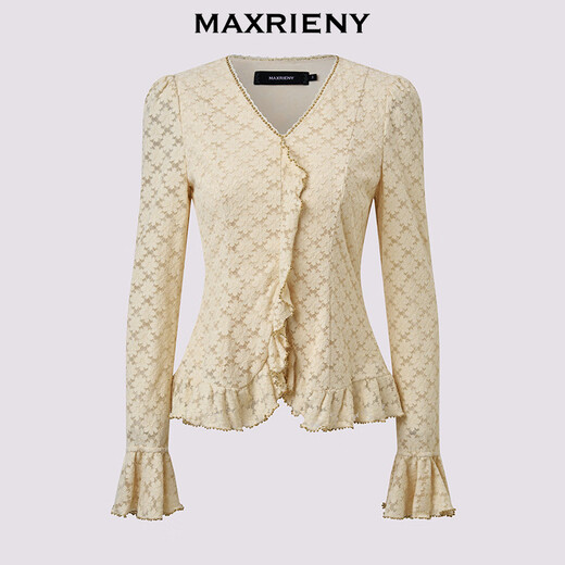 MAXRIENY Shopping mall same style French retro knitted lace shirt women's 25 winter slim long-sleeved top cream S