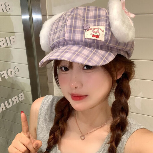 Midele Rabbit Ears Beret Cute Plaid Rabbit Ears Bow Patch Beret Women's Large Head Circumference Shows Face Small Octagon Purple Plaid Rabbit Ears Beret M (56-58cm)