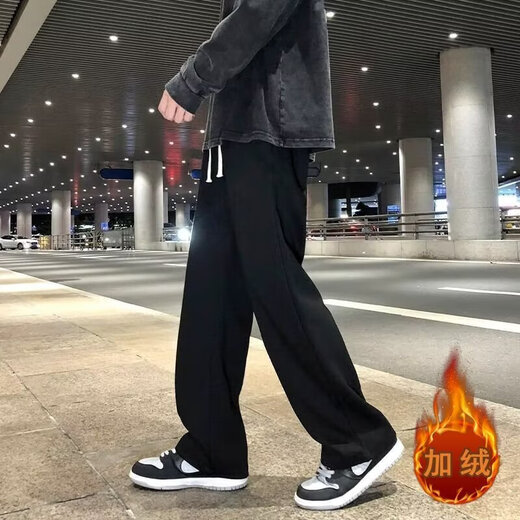 Autumn and winter casual sports pants with velvet and thickened sweatpants, trendy American straight trousers, versatile loose casual pants, straight trousers, black, velvet, clearance specials, 2XL heavyweight high-quality models