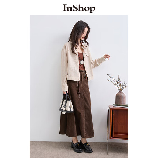 InShop mall same style new women's simple suspender top striped long-sleeved shirt contrasting color two-piece set Mocha strip L