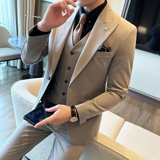 FZPT light luxury trendy brand suit men's 2025 autumn and winter new business casual fashion slim single-breasted dress suit caramel color suit + trousers XL recommended 125-138 Jin Jin equals 0.5 kg