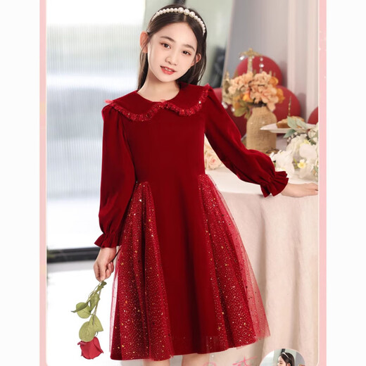 Disney Girls Dress Velvet Children's Skirt Red Princess Dress Host Performance Clothes Autumn and Winter Long Sleeve Plus Velvet Red Regular 130