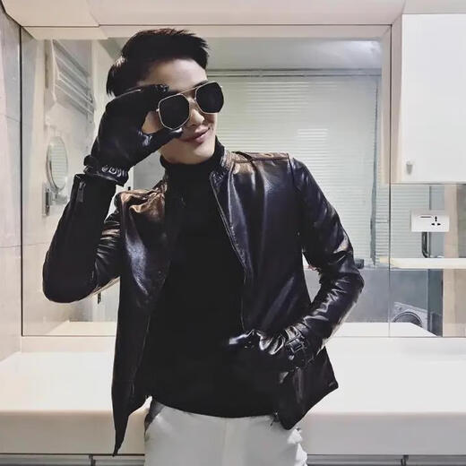 Cui Wanzhi Short Jacket Small Small Size Clothes Short Small Size Slim Leather Jacket Men's Winter Plus Velvet Leather Jacket Brand Black Regular XS Brand XS