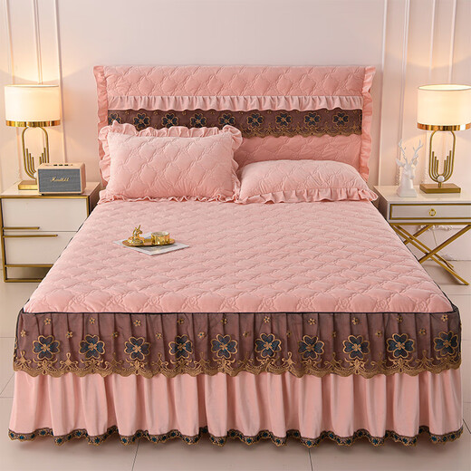 Mercury Series Home Textiles European Light Luxury Class A Baby Velvet Quilted Bed Skirt Single Piece Thickened Milk Coral Velvet Lace Bed Pink Jade Single Bed Skirt 120cm*200cm