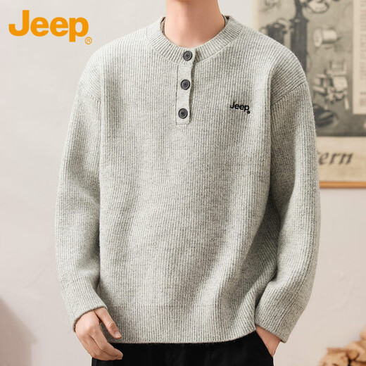 JEEP Jeep Casual Sweater Men's 2025 Autumn and Winter Henley Neck Sweater Trendy Brand Loose Sweater Men 25005 Light Gray Jeep Official M_90-110Jin Jin is equal to 0.5 kg
