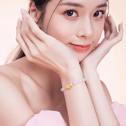 Saturday Blessing 3D Hard Gold Pure Gold White Jade Peach Blossom String White Jade and Tian Jade Bracelet for Women Y1911688 17cm New Year Gift