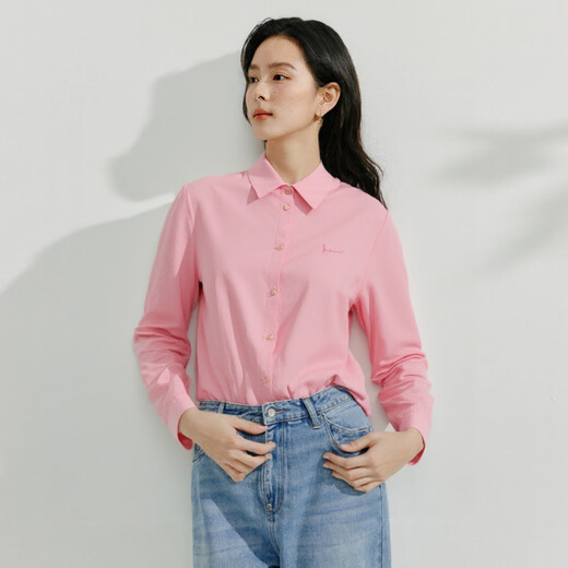 INMAN pure cotton commuting simple European style blue shirt for women 2025 summer versatile and comfortable embroidered back slit shirt lotus root pink S