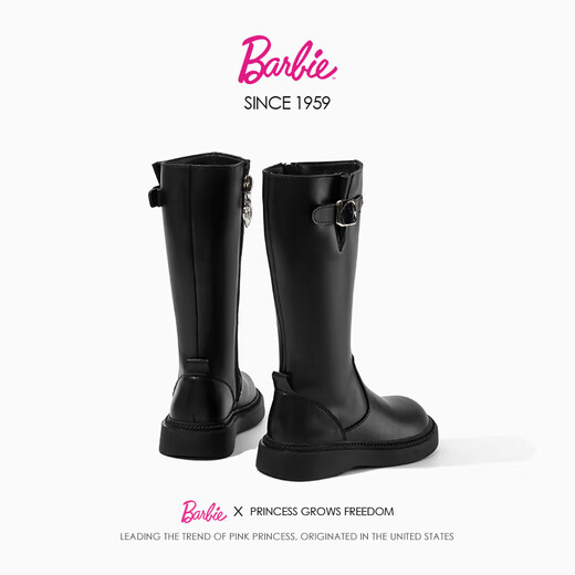 Barbie children's shoes girls boots spring and autumn high leather boots girls cotton boots children's boots DA6982 black 35