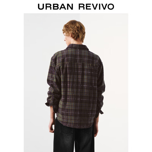 UR star same style 2026 spring new men's trendy velvet plaid cardigan shirt UUV250027 dark brown green plaid S