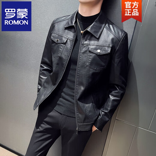 ROMON Thin Slim Leather Jacket Men's Lapel Leather Jacket Trendy Casual Handsome Autumn and Winter Velvet Motorcycle Jacket Men Black Thin M Recommended 100-110 Jin Jin equals 0.5 kg