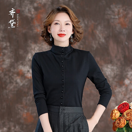 QUEDIT superfine wool bottoming shirt for women in autumn and winter new temperament long-sleeved sweater slim black sweater T-shirt black XL recommended 95-105Jin Jin equals 0.5 kg