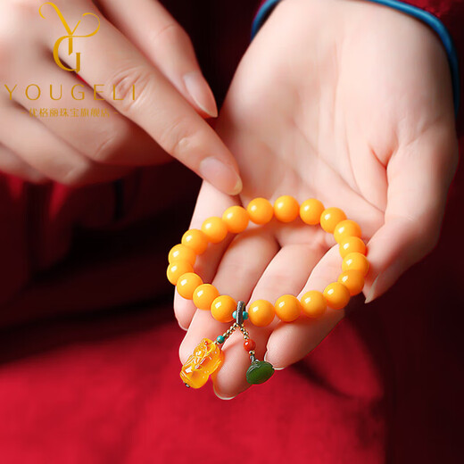 Yogurt natural beeswax bracelets for women, yellow round beads, amber beeswax single circle Pixiu accessories bracelet, beads 8mm