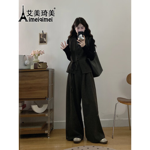AIMEIQIMEI autumn and winter plus size women's clothing for fat mm new small fragrance style 2025 bottoming long-sleeved vest wide-leg pants slimming three-piece suit three-piece suit 2XL recommended 140-160Jin Jin equals 0.5 kg
