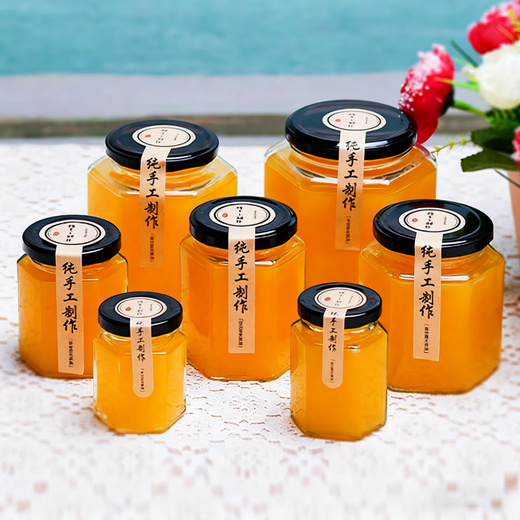 PINYU glass jar with lid, food grade hexagonal jam, chili sauce sealed jar, honey lemon paste, grains and dry goods storage jar