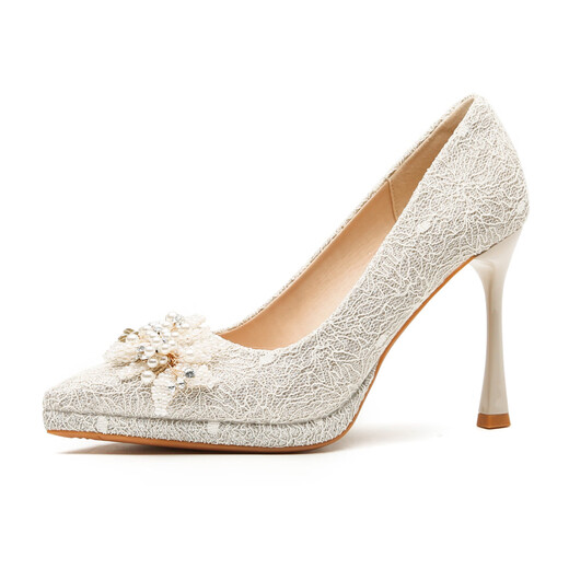 French pearl platform high-heeled shoes for small women, thick-soled single shoes, wedding dress, stiletto heels, wedding shoes for daily wear, champagne color 8CM, main picture 34