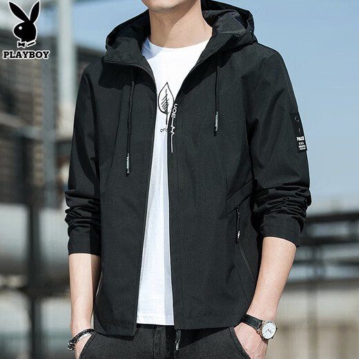 Playboy Autumn and Winter Jackets Men's 2025 New Hooded and Velvet Youth Loose Jacket Short Solid Color Gown Black XL