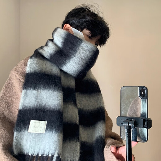 Memaru scarf for men in winter with contrasting horizontal stripes, warm and thickened, high-end atmosphere, long scarf for students, tassels, versatile gift, black gray