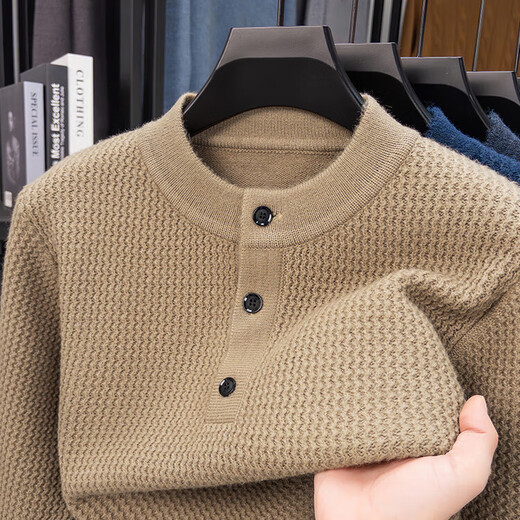 ERDOS Ordos city-made one-piece velvet button sweater men's Henry collar autumn and winter thickened warm sweater pullover line dark navy XL 180