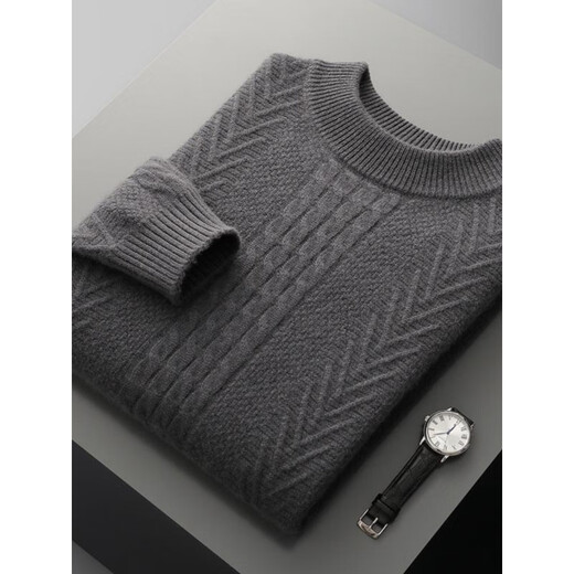 鄂尔多斯市产纯羊毛衫双股加厚男圆领针织毛衣商务休闲内搭扭花打 大象灰 XL