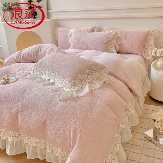 Langsha 2025 autumn and winter new thickened carved velvet baby velvet Annabell series French double-layer lace four-piece set Annabell pink bed sheet style 1.5m four-piece set